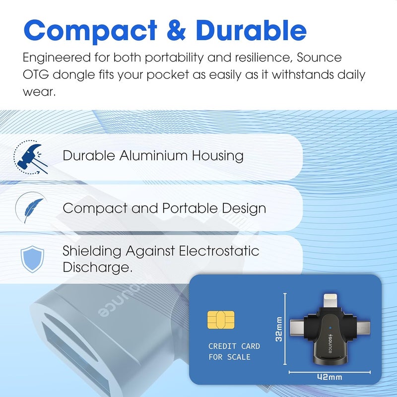 Sounce 4-in-1 OTG Adapter Converter – Multi-Port OTG Hub with Lightning, Type-C, Micro USB & USB 3.0 for iOS, Android, Tablets & More – Fast Data Transfer & Universal Compatibility (Black) - Image 3