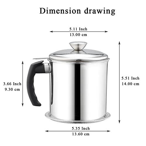 SYOSI Grease Container with Strainer, 1.4L Stainless Steel Oil Container for Storing Used Cooking Oil with Lid & Handle Suitable for Home Use (Silver) - Image 2