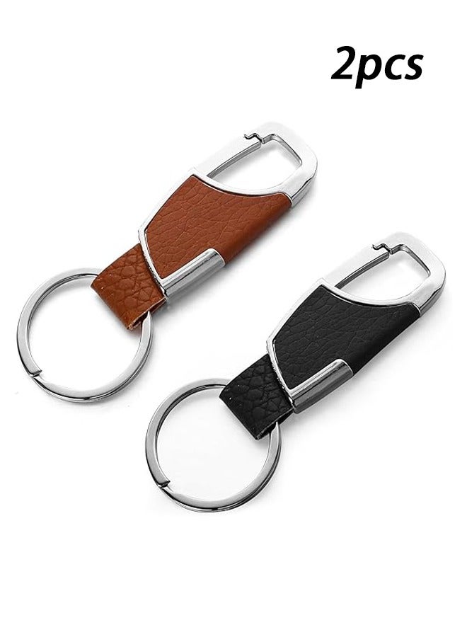 2 Pieces Metal Keychain with Leather Durable Home Office Car Keychain Keychain Unisex Brown Black - Image 1