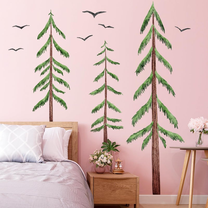 LiveGallery Removable Large 3 Pine Brown Tree Wall Decals Green Leaf With Black flying Birds Wall Sticker DIY Peel and Stick Plants Wall art Decor for Kids Girls Boys Teens Nursery Bedroom Living Room - Image 5