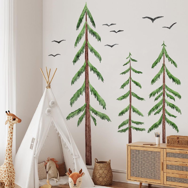 LiveGallery Removable Large 3 Pine Brown Tree Wall Decals Green Leaf With Black flying Birds Wall Sticker DIY Peel and Stick Plants Wall art Decor for Kids Girls Boys Teens Nursery Bedroom Living Room - Image 3