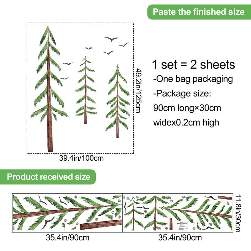 LiveGallery Removable Large 3 Pine Brown Tree Wall Decals Green Leaf With Black flying Birds Wall Sticker DIY Peel and Stick Plants Wall art Decor for Kids Girls Boys Teens Nursery Bedroom Living Room - Image 2