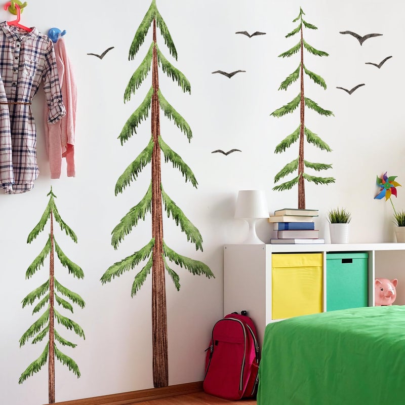 LiveGallery Removable Large 3 Pine Brown Tree Wall Decals Green Leaf With Black flying Birds Wall Sticker DIY Peel and Stick Plants Wall art Decor for Kids Girls Boys Teens Nursery Bedroom Living Room - Image 4