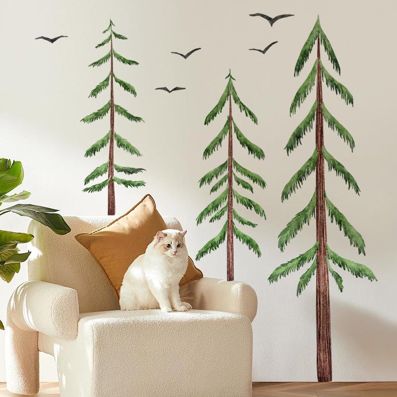 LiveGallery Removable Large 3 Pine Brown Tree Wall Decals Green Leaf With Black flying Birds Wall Sticker DIY Peel and Stick Plants Wall art Decor for Kids Girls Boys Teens Nursery Bedroom Living Room - Image 1