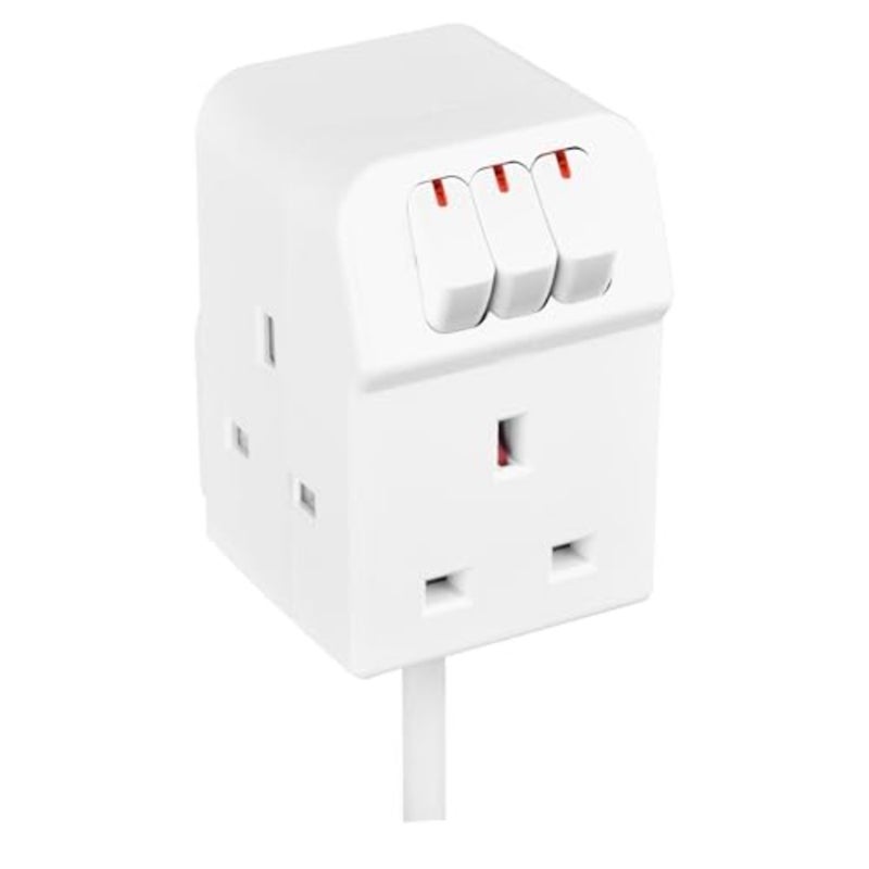 Office desk power extension with three sockets, ABS plastic housing, white color, individual rocker switches for safety and convenience - Image 1
