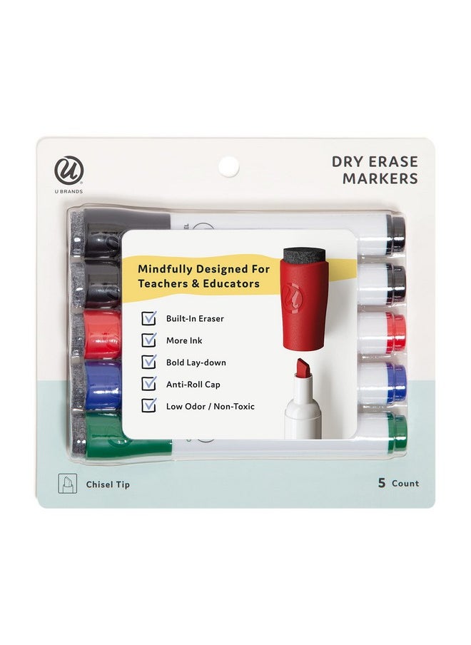 U Brands Low Odor Dry Erase Markers With Erasers, Chisel Tip, Assorted Color, 5 Count  - Image 1