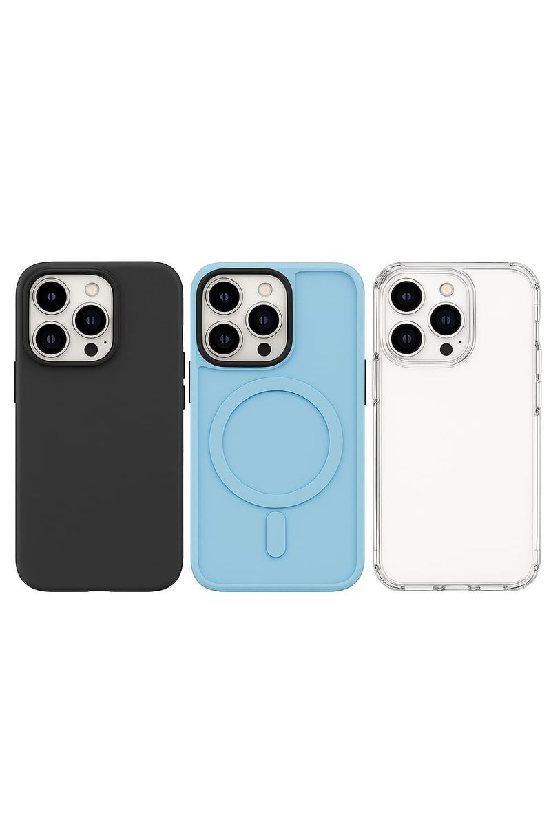 Case Club 3-Pack iPhone 15 Pro Max Case | Shockproof Slim Fit Covers | Luxury Soft Silicone, Transparent & MagSafe Compatible - Image 1