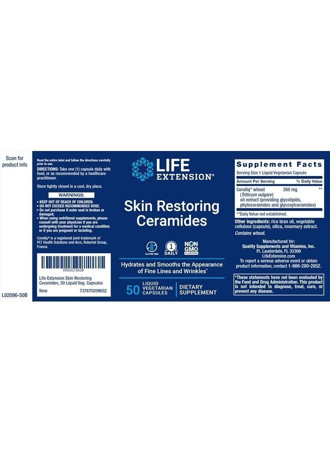 Life Extension - Skin Restoring Ceramides, 50 Veg Capsules - Vegan Phytoceramide Supplement - Image 1