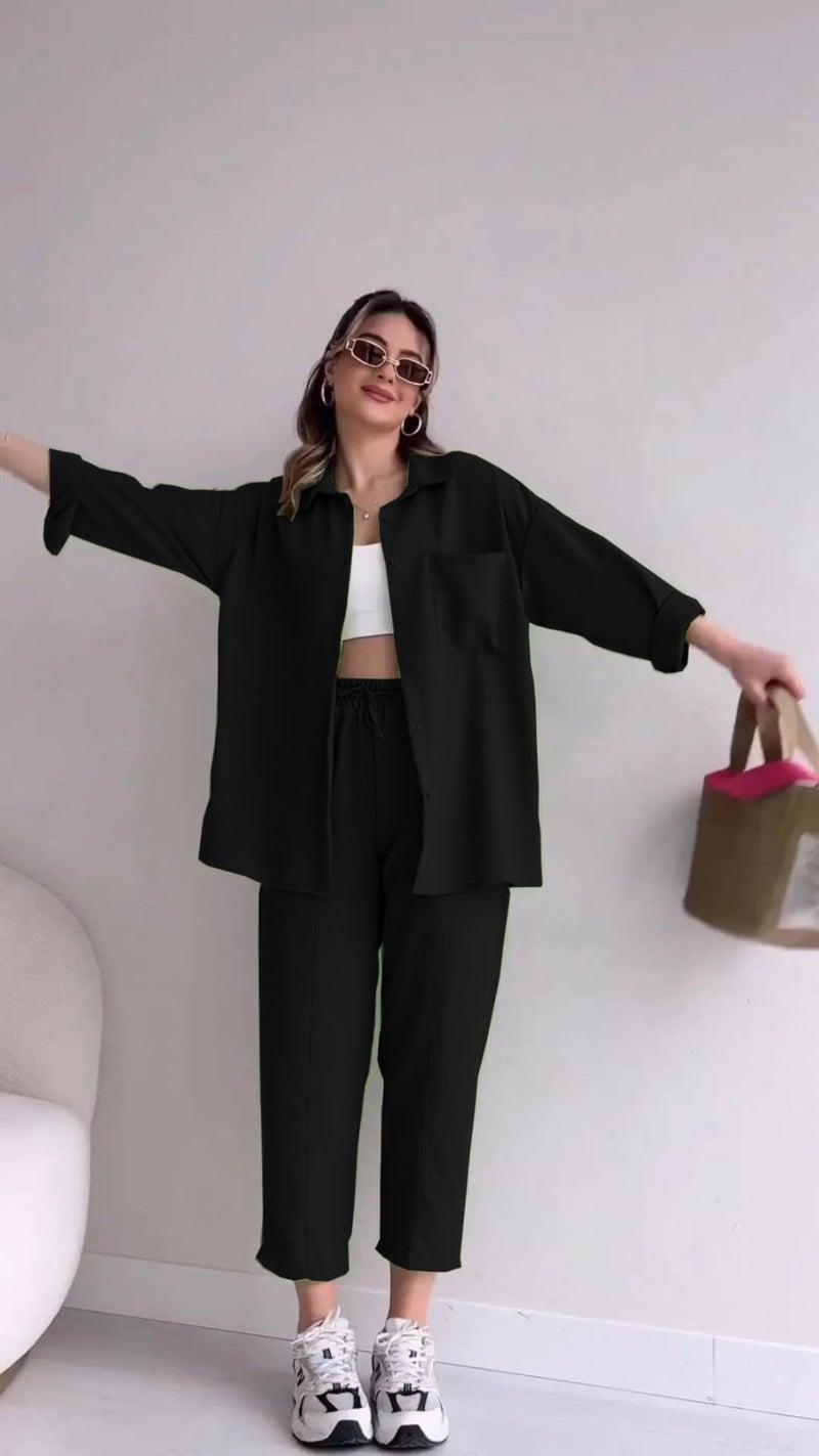 1Tarz 1Style Barbora Linen Casual Two Piece Suit Trousers Shirt MSLN21BLACK6 - Image 3