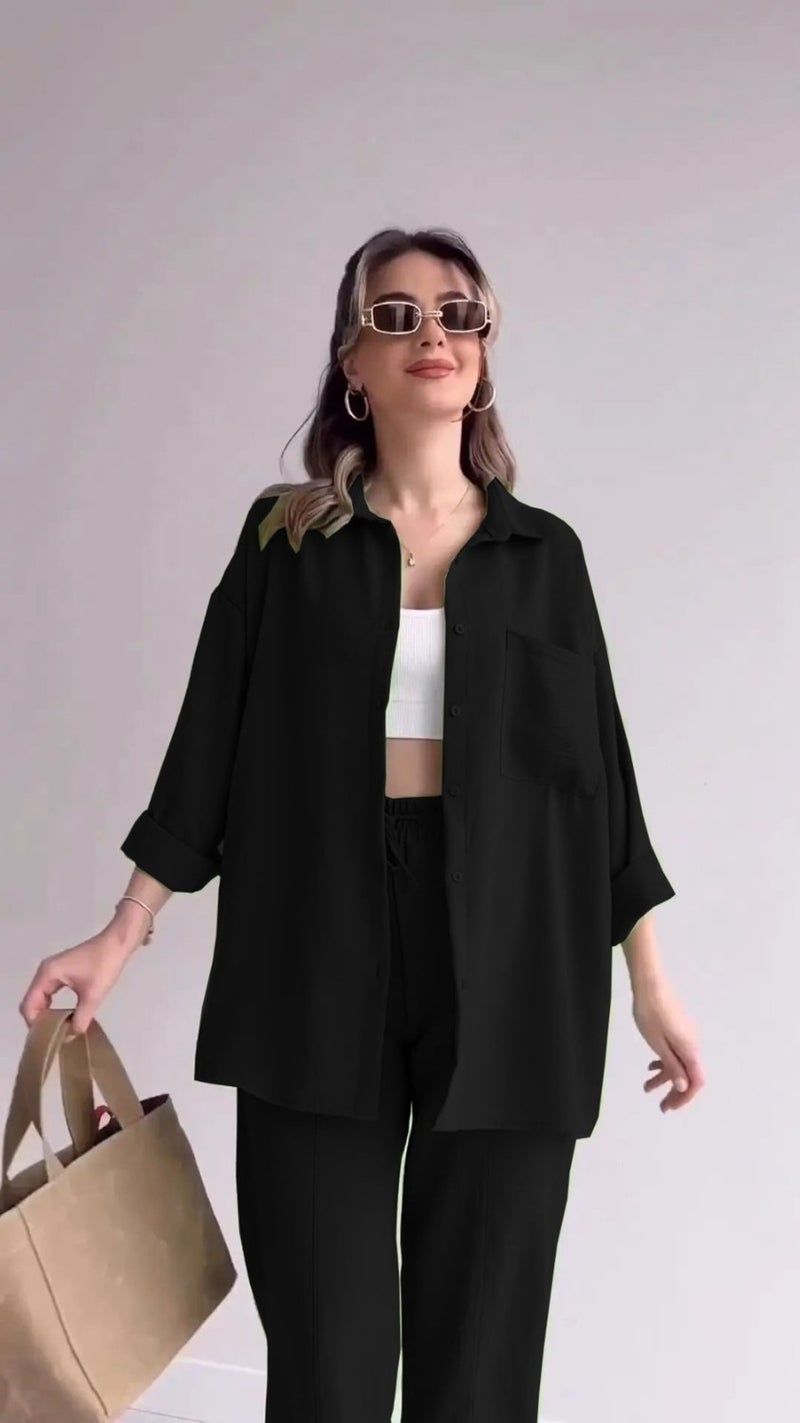 1Tarz 1Style Barbora Linen Casual Two Piece Suit Trousers Shirt MSLN21BLACK6 - Image 2