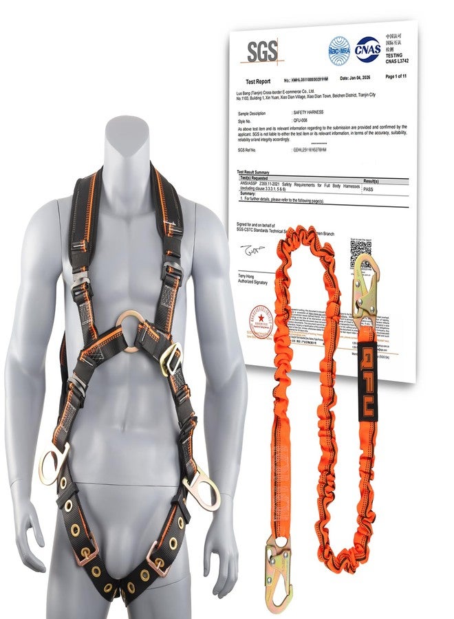 QFU Full Body Safety Harness & Fall Protection Kit with Padded Straps, ANSI Compliant, Includes Shock-Absorbing Lanyard for Roofing, Construction and Industrial Use - Image 1
