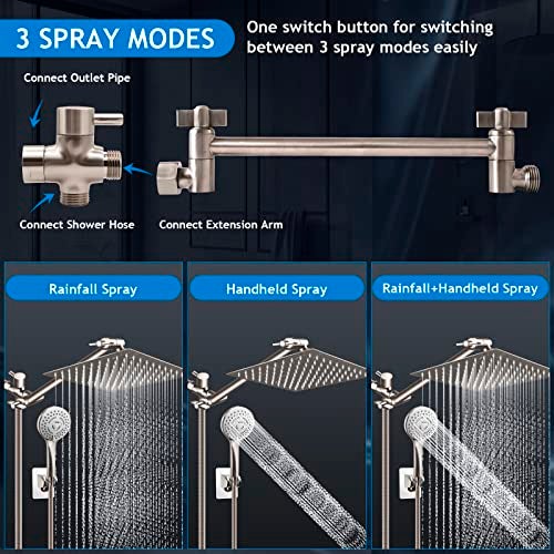 PinWin Shower Head Combo(Brushed Nickel),8 Inch High Pressure Rain Shower Head with 11 Inch Adjustable Extension Arm and 5 Settings Handheld Shower Head Combo,Powerful Shower Spray Against Low Pressure Water - Image 2