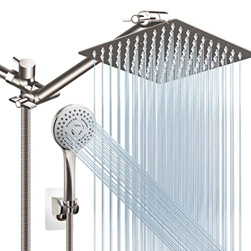 PinWin Shower Head Combo(Brushed Nickel),8 Inch High Pressure Rain Shower Head with 11 Inch Adjustable Extension Arm and 5 Settings Handheld Shower Head Combo,Powerful Shower Spray Against Low Pressure Water - Image 1