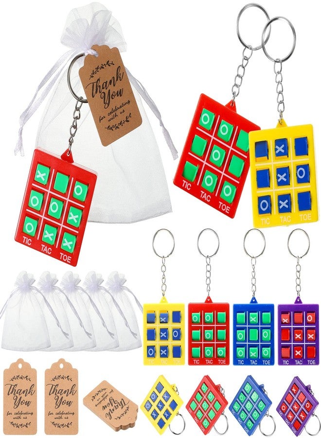 Mtlee 36 Pieces Tic Tac Toe Keychain Set Game Party Favors Include 12 Tic Tac Toe Keychain for Backpack and 12 Mesh Bags Drawstring White Mesh Organza Bags with 12 Thank You Tags for Birthday Party Supplies - Image 1