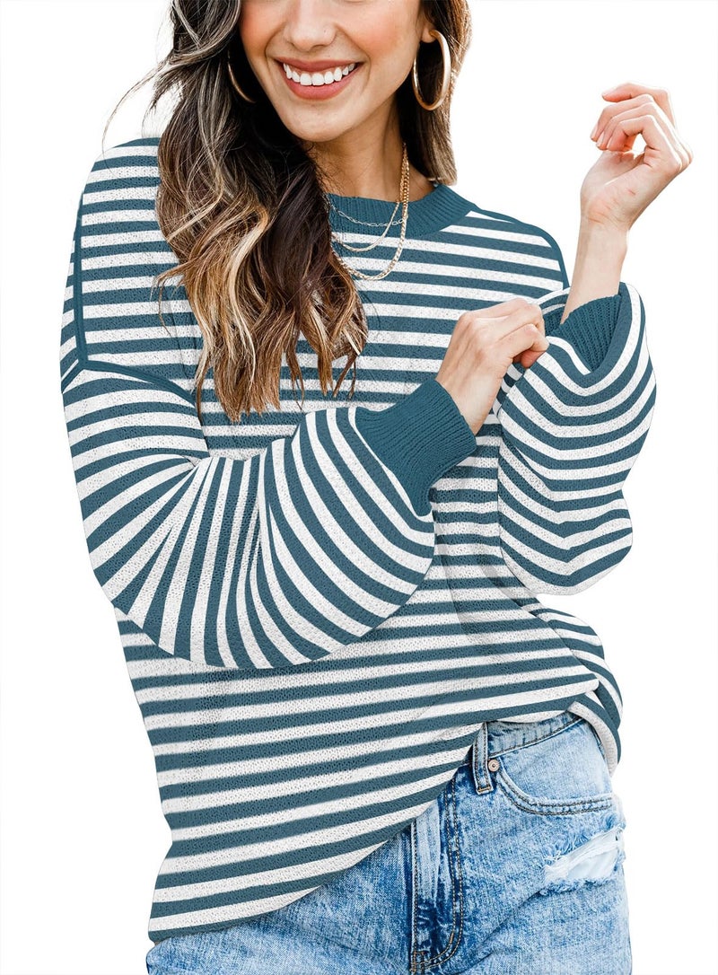 Disamer Fall Clothes for Women 2026 Trendy Fashion Oversized Sweaters Color Block Long Sleeve Knited Pullover Tops Winter Outfits,Striped Blue,X-Large - Image 2