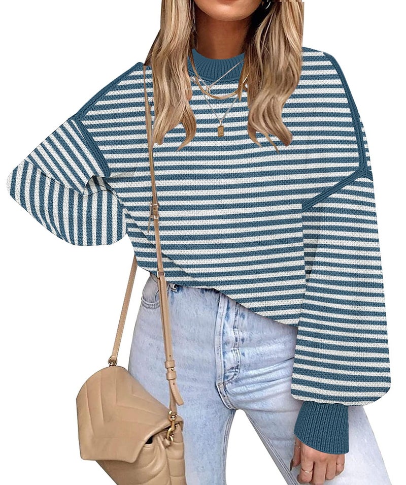 Disamer Fall Clothes for Women 2026 Trendy Fashion Oversized Sweaters Color Block Long Sleeve Knited Pullover Tops Winter Outfits,Striped Blue,X-Large - Image 1