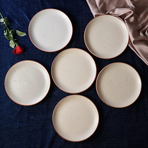 Yourowndcor Ceramic Handcrafted Cream Matte Finish Ribbed 7" Inches Quarter Plates- Set of 6 - Image 1