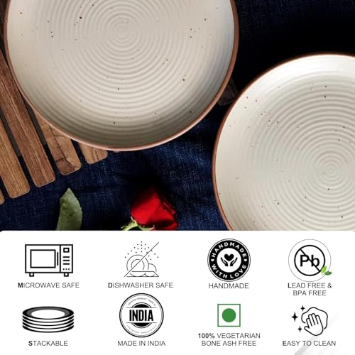 Yourowndcor Ceramic Handcrafted Cream Matte Finish Ribbed 7" Inches Quarter Plates- Set of 6 - Image 3