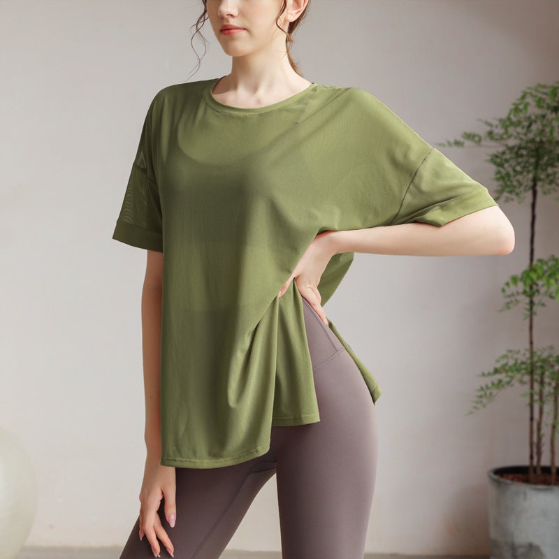 Generic Summer New Style Mesh Yoga Suit Quick-drying Breathable Loose Slimming Short-sleeved Sports Blouse Yoga Top Fitness Suit Military green 