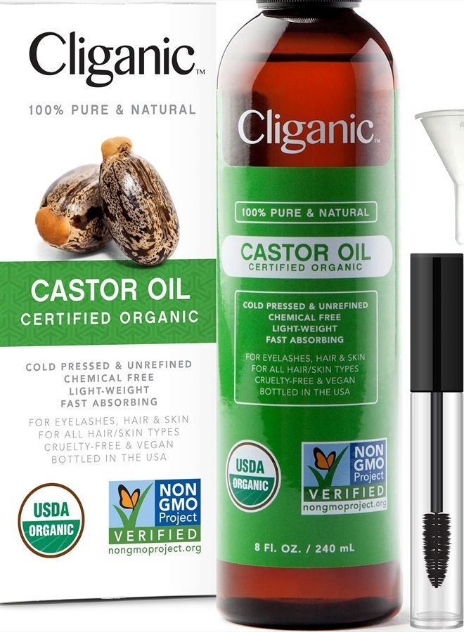 Cliganic USDA Organic Castor Oil, 100% Pure (8oz with Eyelash Kit) - For Eyelashes, Eyebrows, Hair & Skin | Natural Cold Pressed Unrefined Hexane-Free  - Image 1