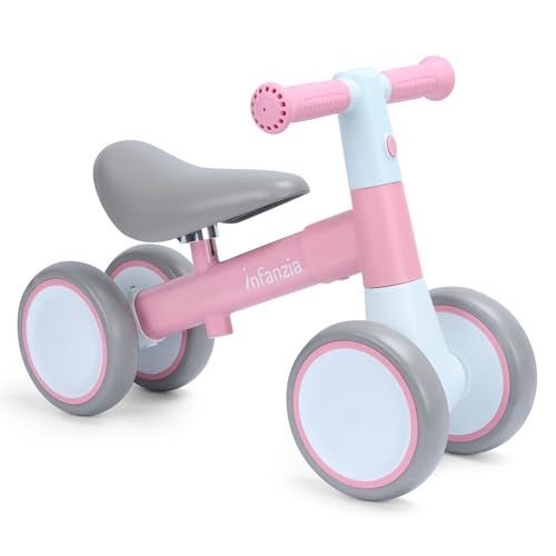 INFANZIA Baby Balance Bike for 1236 Month Boys Girls 1 Year Old Toddler First Bike No Pedal with Adjustable Seat Infant 4 Wheels Bicycle Ride On Toys Kids First Birthday Gifts Pink - Image 1