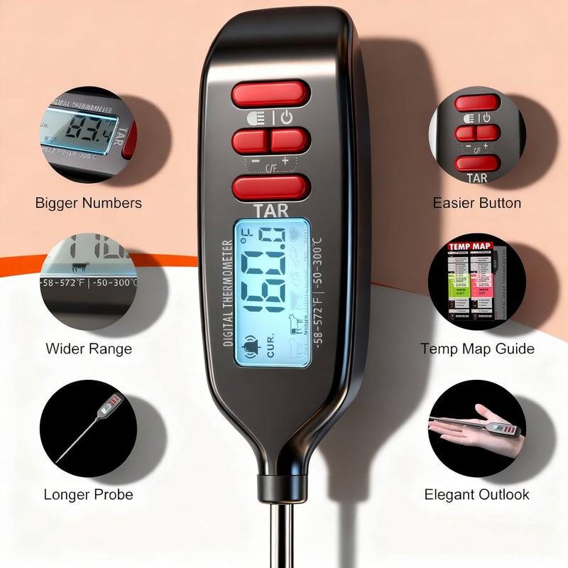 Antonki Meat Thermometer Digital, Smart Instant Read Food Thermometer with Super Long Probe for Cooking Grilling Baking Kitchen Candy BBQ Oil Liquid, Backlit Display, Battery Included - Image 4