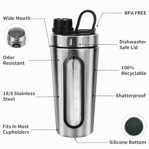 TOOFEEL Shaker Bottles for Protein Mixes 28 oz Stainless Steel Protein Shaker with 2 Mixing Ball, Not Stays Cold/Hot, Visible Window Metal Shaker Cups, Leakproof, BPA Free Bottle Shaker - Image 4