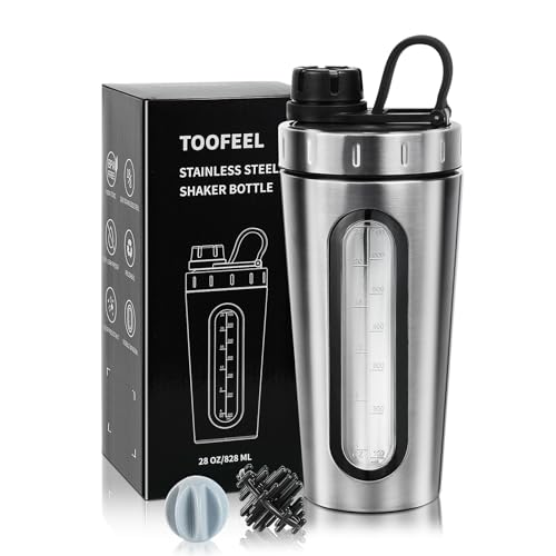 TOOFEEL Shaker Bottles for Protein Mixes 28 oz Stainless Steel Protein Shaker with 2 Mixing Ball, Not Stays Cold/Hot, Visible Window Metal Shaker Cups, Leakproof, BPA Free Bottle Shaker - Image 1