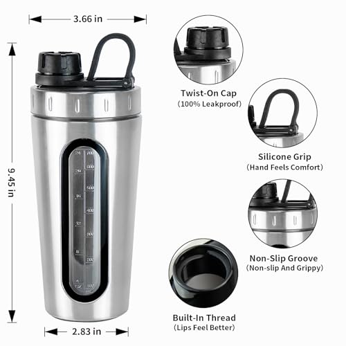 TOOFEEL Shaker Bottles for Protein Mixes 28 oz Stainless Steel Protein Shaker with 2 Mixing Ball, Not Stays Cold/Hot, Visible Window Metal Shaker Cups, Leakproof, BPA Free Bottle Shaker - Image 5