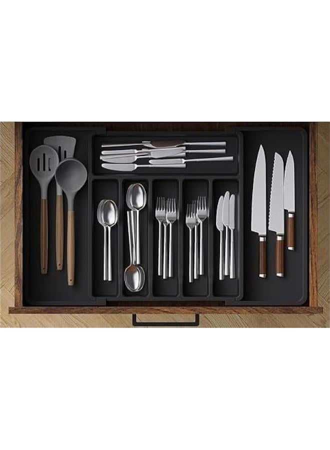 Cutlery Drawer Organiser, Kitchen Cutlery Trays Silverware Drawer Organizer, Expandable Utensil Tray for Kitchen, Flatware Holder, Compact Plastic Storage for Spoons Forks Knives, Large (Black) - Image 1