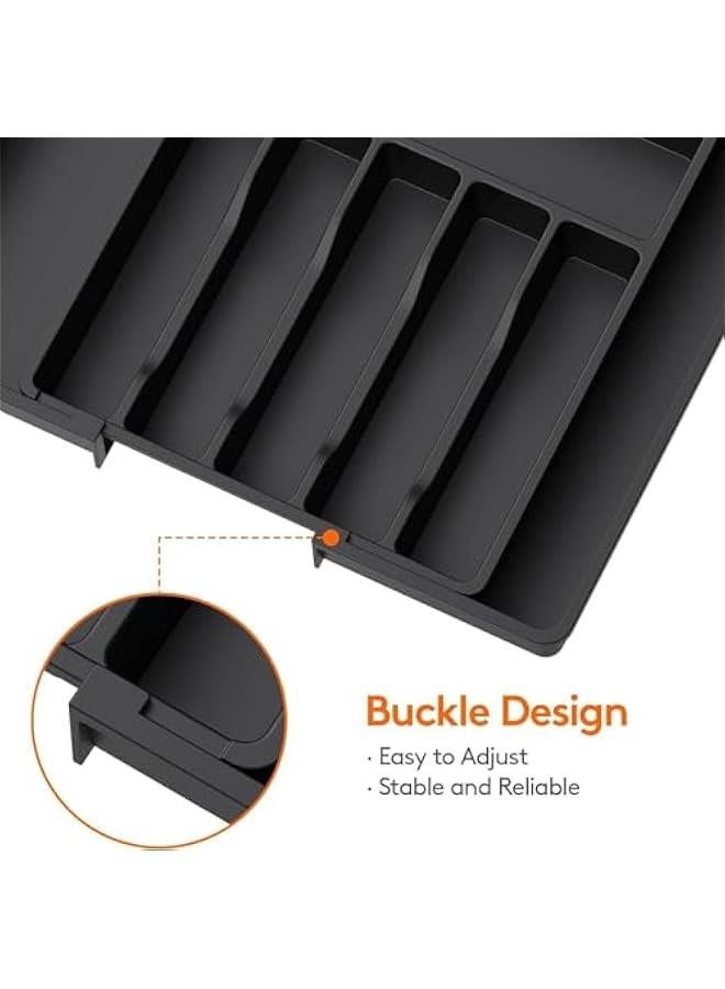 Cutlery Drawer Organiser, Kitchen Cutlery Trays Silverware Drawer Organizer, Expandable Utensil Tray for Kitchen, Flatware Holder, Compact Plastic Storage for Spoons Forks Knives, Large (Black) - Image 3