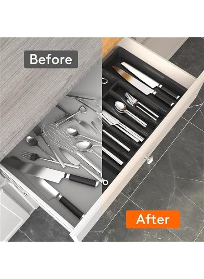 Cutlery Drawer Organiser, Kitchen Cutlery Trays Silverware Drawer Organizer, Expandable Utensil Tray for Kitchen, Flatware Holder, Compact Plastic Storage for Spoons Forks Knives, Large (Black) - Image 5