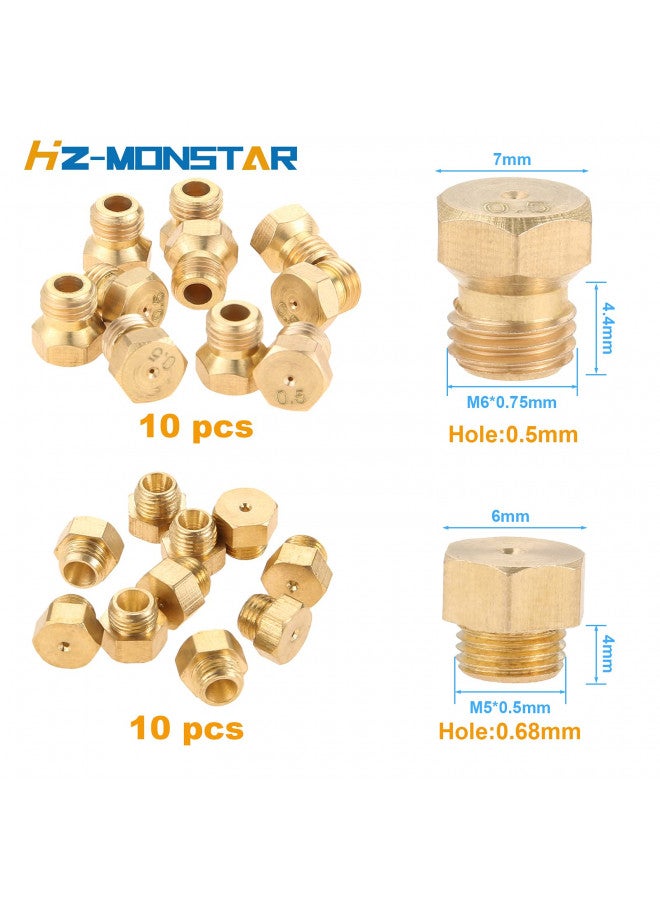 HZ-MONSTAR HZ-MONSTAR 20Pcs Brass Jet Nozzles, M5x0.5mm/0.68mm (10pcs) and M6x0.75mm/0.5mm (10pcs) Propane Gas Orifice Nozzle Replacement for Propane Lpg Gas Pipe Water Heater DIY Burner Parts  - Image 3