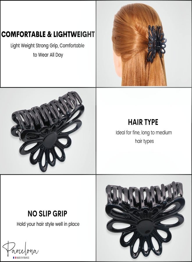 Parcelona French Plume 3" Celluloid No Slip Grip Covered Spring Jaw Hair Claw Durable Styling Women Hair Accessories Girls Hair (Solid Black) - Image 2