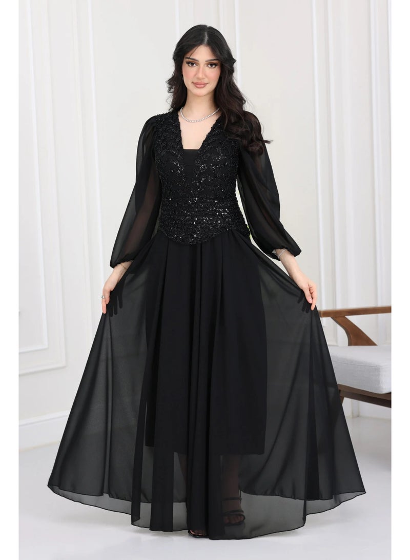 المصمم الحديث فستان سهرة شيفون مطرز ترتر يا هلا بالرقي والفن هذا الفستان الفخم يجسد الأناقة الناعمة والفريدة من براند المصمم الحديث - Image 1