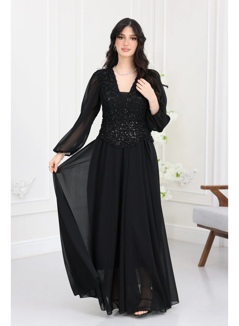 المصمم الحديث فستان سهرة شيفون مطرز ترتر يا هلا بالرقي والفن هذا الفستان الفخم يجسد الأناقة الناعمة والفريدة من براند المصمم الحديث - Image 3