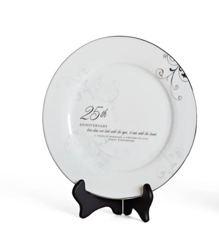 Roman 25th Wedding Anniversary Plate – 2-Piece Set with Decorative Plate and Stand, Elegant Silver Gift for Couples - Image 1