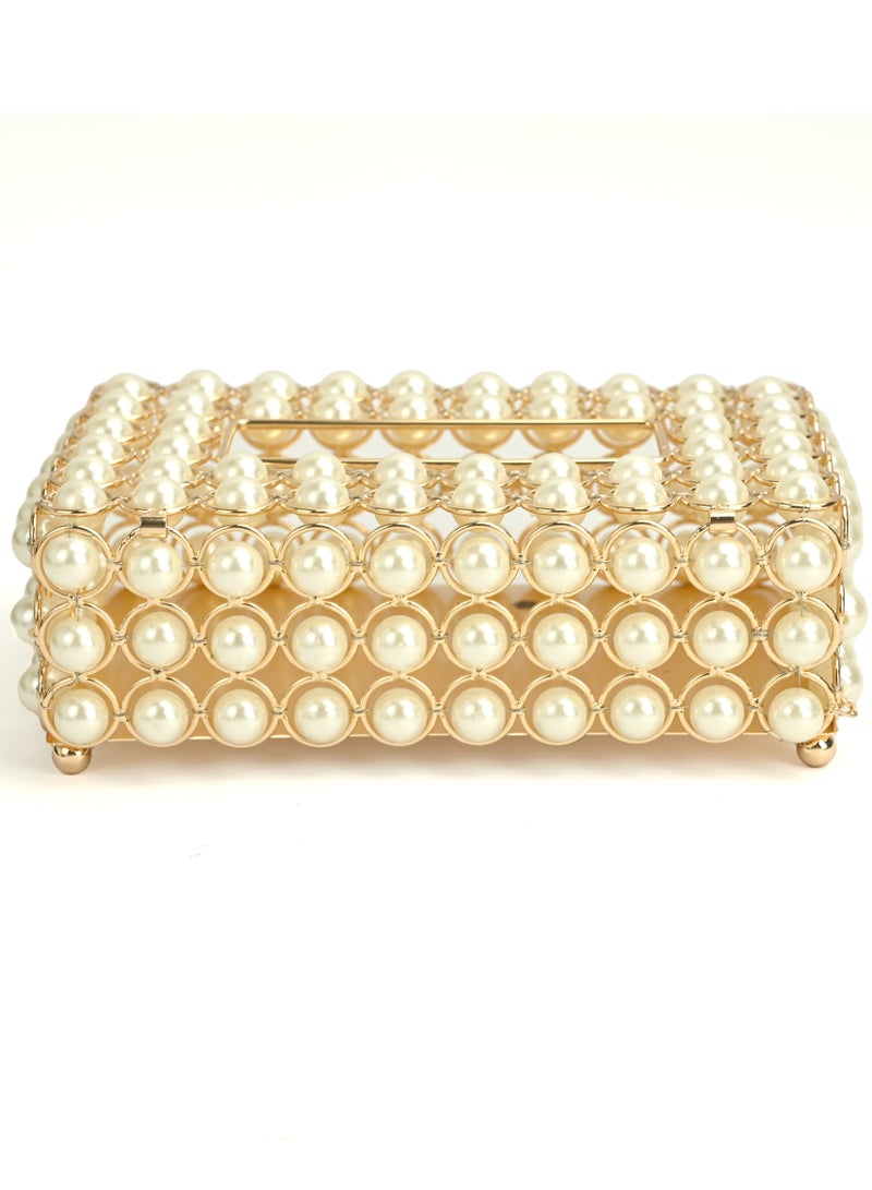 Tissue Box Holder for Home, Rectangular Tissue Holder, Pearl Decorative Tissue Box Holder, White Gold Facial Tissue Holder for Bathroom, Dresser, Night Stand, Desk, Table - Image 2