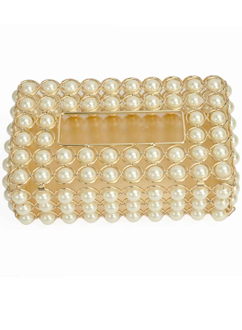 Tissue Box Holder for Home, Rectangular Tissue Holder, Pearl Decorative Tissue Box Holder, White Gold Facial Tissue Holder for Bathroom, Dresser, Night Stand, Desk, Table - Image 3
