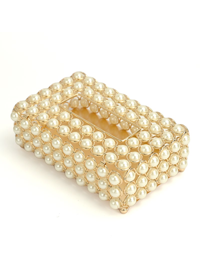 Tissue Box Holder for Home, Rectangular Tissue Holder, Pearl Decorative Tissue Box Holder, White Gold Facial Tissue Holder for Bathroom, Dresser, Night Stand, Desk, Table - Image 1