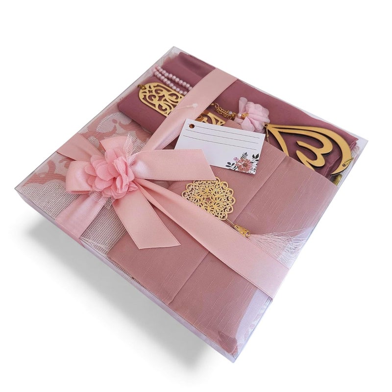 SAIKA Muslim Prayer Rug, 7 in One Gift Set, Prayer Mat Surah Book, Tasbeeh, Scarf, Surah Case, Bookmark, Car Mirror Hanger, Prayer Beads,Islamic Gift for Umrah, Hajj, Wedding, Janamaz (Rose) - Image 1