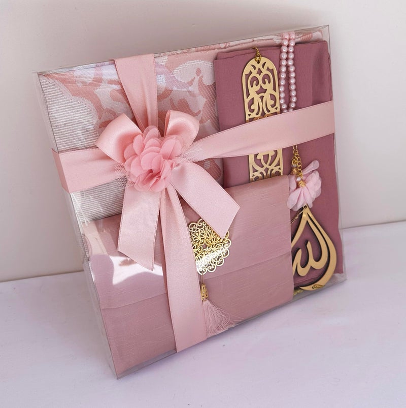 SAIKA Muslim Prayer Rug, 7 in One Gift Set, Prayer Mat Surah Book, Tasbeeh, Scarf, Surah Case, Bookmark, Car Mirror Hanger, Prayer Beads,Islamic Gift for Umrah, Hajj, Wedding, Janamaz (Rose) - Image 4