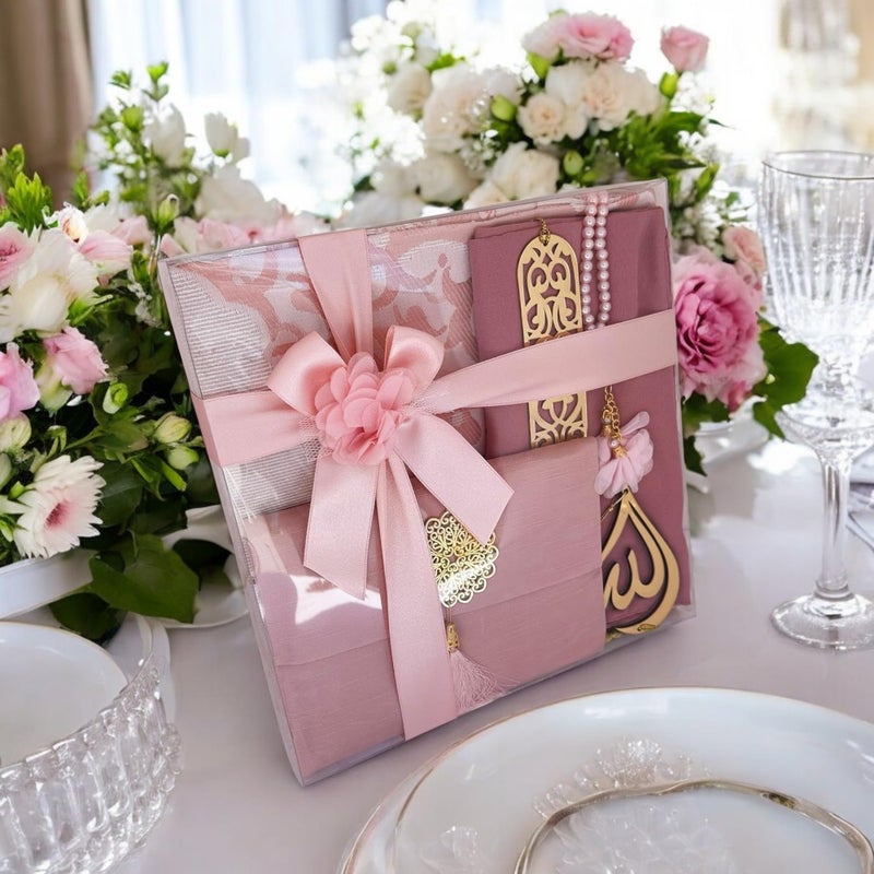 SAIKA Muslim Prayer Rug, 7 in One Gift Set, Prayer Mat Surah Book, Tasbeeh, Scarf, Surah Case, Bookmark, Car Mirror Hanger, Prayer Beads,Islamic Gift for Umrah, Hajj, Wedding, Janamaz (Rose) - Image 2