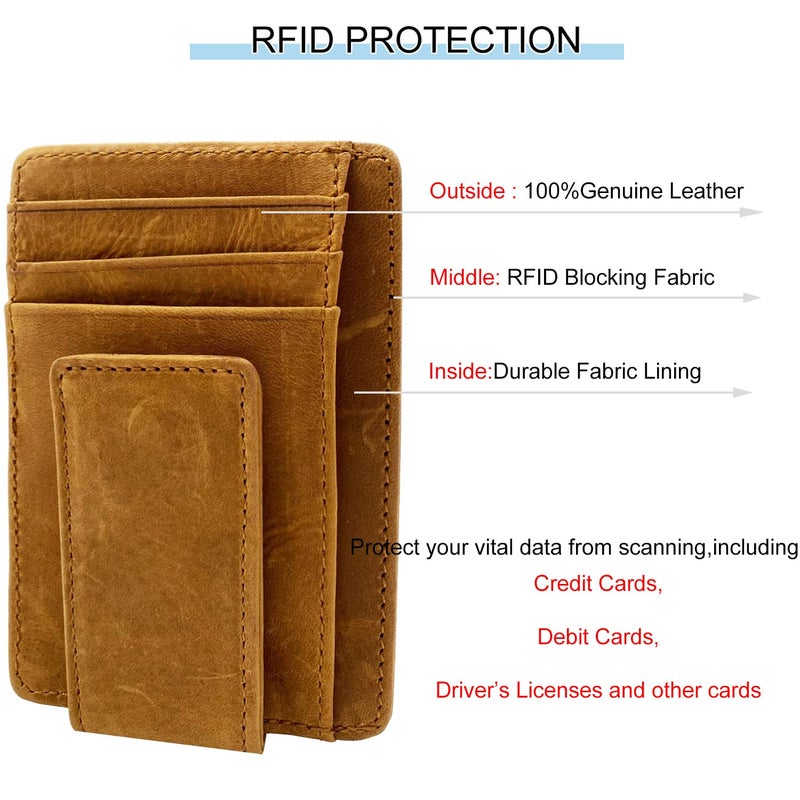 HOPSOOKEN HOPSOOKEN Money Clip RFID Front Pocket Wallet Men Leather Slim Minimalist Wallet (B Crazy Horse Khaki)  - Image 4