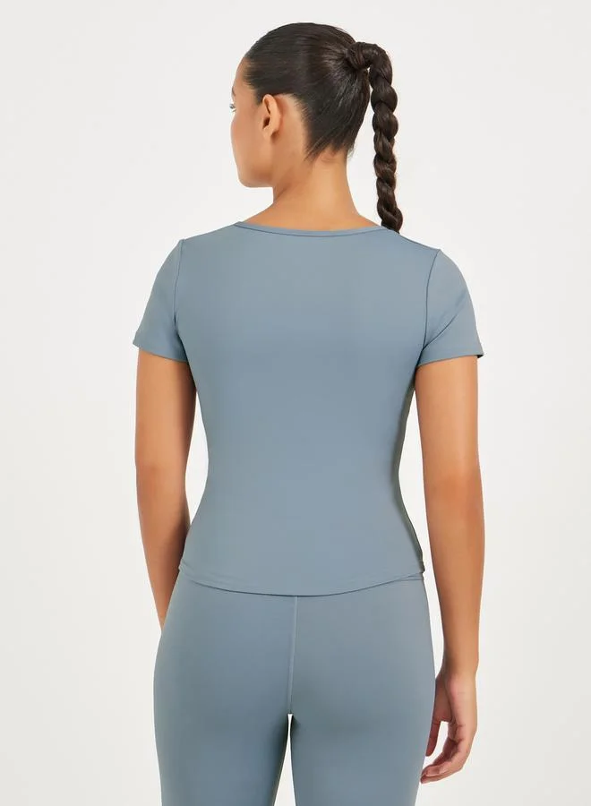 Styli Styli Gathered Curved Hem Detail Notch Neck Top