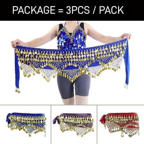 Baisdan 3pcs Belly Dance Scarves, Belly Dance Hip Scarf with Coins, Dancing Skirts for Women, Dancer Outfit Halloween Costume, 3Pack, Red+Blue+Purple - Image 3