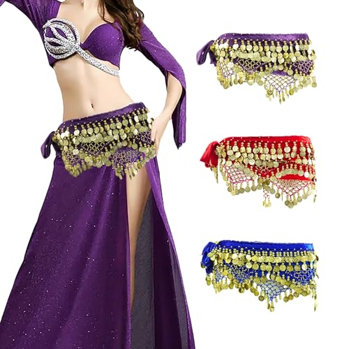 Baisdan 3pcs Belly Dance Scarves, Belly Dance Hip Scarf with Coins, Dancing Skirts for Women, Dancer Outfit Halloween Costume, 3Pack, Red+Blue+Purple - Image 1