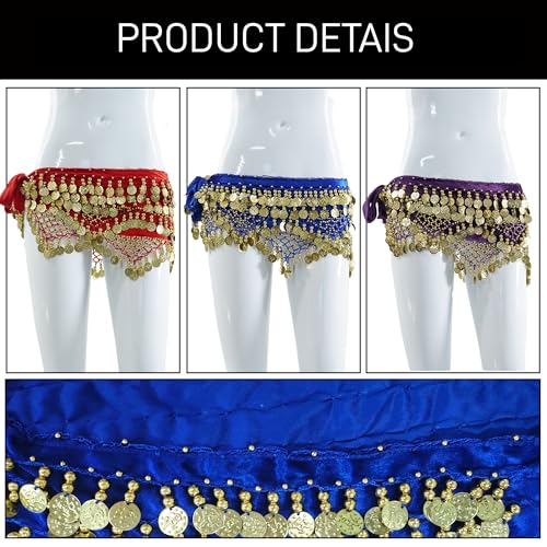 Baisdan 3pcs Belly Dance Scarves, Belly Dance Hip Scarf with Coins, Dancing Skirts for Women, Dancer Outfit Halloween Costume, 3Pack, Red+Blue+Purple - Image 4
