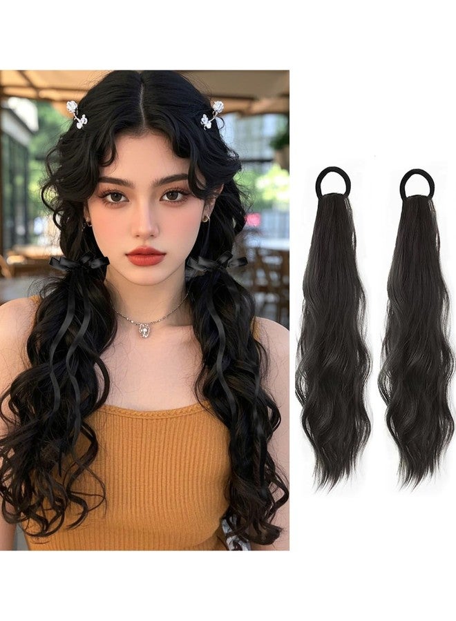 WZNBBOY 2PCS Curly Ponytail Extension with Ribbon Bow 17 Inch Resistant Synthetic Natural Wavy Hairpiece Long Curly Wavy Hair Piece Brown Pony Tail Hair Extensions for Women（2PCS Black-Black Bow） - Image 1