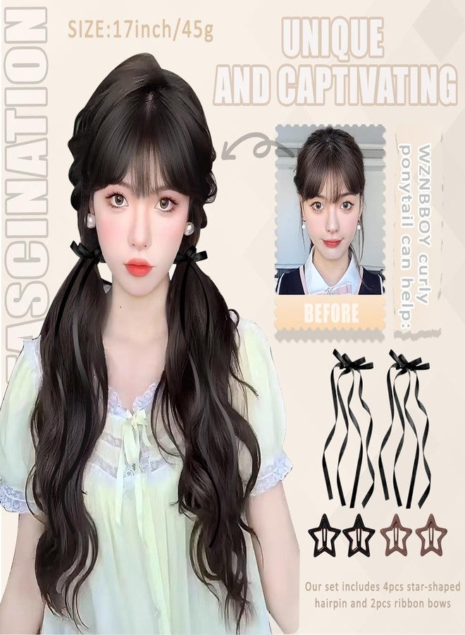 WZNBBOY 2PCS Curly Ponytail Extension with Ribbon Bow 17 Inch Resistant Synthetic Natural Wavy Hairpiece Long Curly Wavy Hair Piece Brown Pony Tail Hair Extensions for Women（2PCS Black-Black Bow） - Image 2